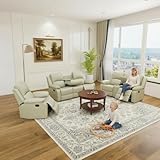 Seruancielo Bonded Leather Living Room Furniture, 3 Pieces Recliner Sofa Set with Cup Holders&Storage Console, Manual Reclining Leather Couches for Living Room (Beige, Sofa+Loveseat+Chair)