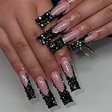 Black Rhinestones Press on Nails Long Square Fake Nail Black French Tip False Nails Bling Diamond Gem Glue on Nail Full Cover Acrylic Artificial Stick on Nails for Women Girls 24 Pcs