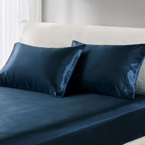 Image of Madison Park Essentials Satin Pillowcase Set of 2, Standard Midnight Blue | Pillowcase Cover for Hair & Skin, Luxuriously Soft, Natural Sheen Luster, Cool to Touch, Wrinkle-Free, Machine Washable