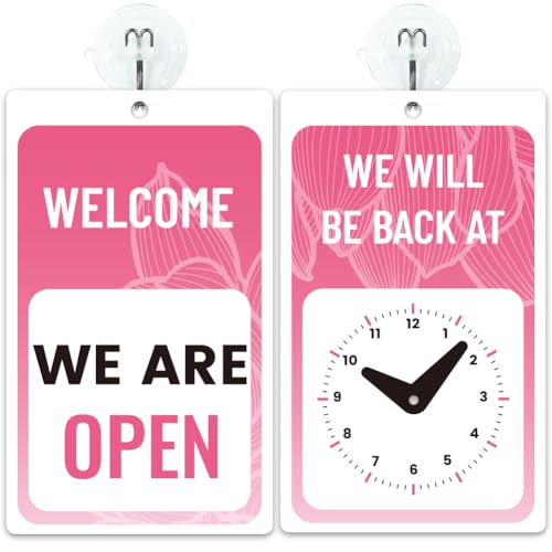PRESSINART Señal de Abierto/Cerrado Rosa para Negocio de 7.87 x 4.72 pulgada con Reloj de Regreso con Ventosas Ganchos de Doble Cara de Loto de PVC para Negocio Tienda Minorista Restaurantes