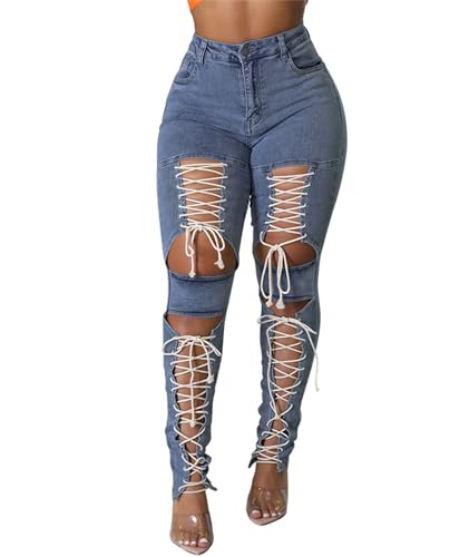 Sexyshine Women's Lace Up Skinny Denim Pants Bandage Criss Cross Hollow Out Stretch Long Pencil Jeans