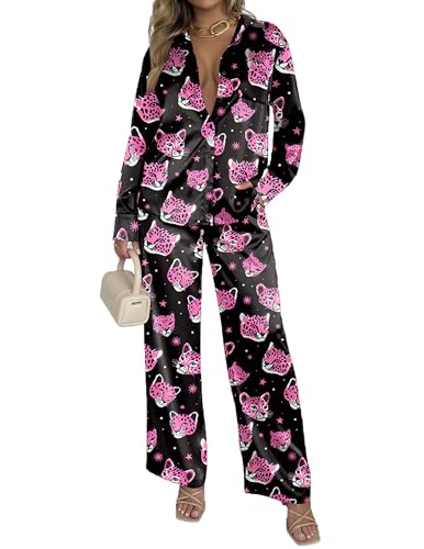 Image of Ekouaer Womens Satin Silky Pajama Set 2 Piece Print PJs Soft Loungewear Button Down Sleepwear with Elastic Waist Long Pants