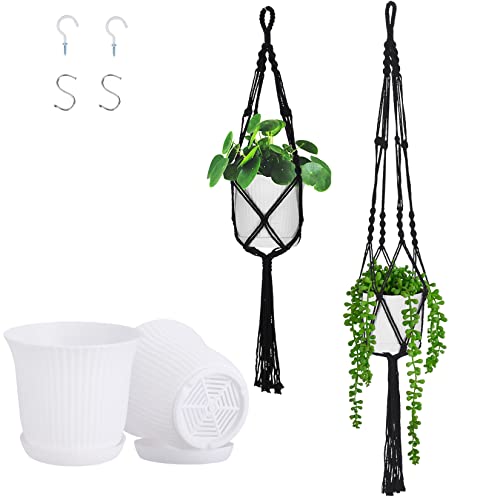 Akeydiy Macrame Plant Hanger With Pots, Hanging Plant Holder, Flower Planter With Multiple Drainage Holes And Trays, Hooks, Handmade 100% Cotton Rope Basket, Home Decor Indoor Outdoor (2 Pack) #TOP13
