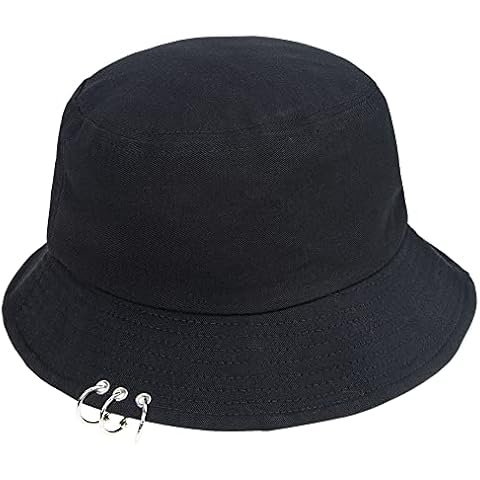 Kpop Bucket-Hat with Rings,Fisherman-Cap - Men Women Unisex Caps with Iron Rings, Black, M Cover