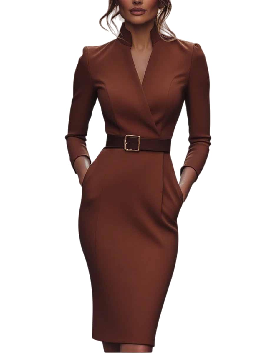 Womens Refined Business V Neck Bodycon Sheath Belted Dress Long Sleeve Elegant Polyester Midi Dress with Mandarin Collar
