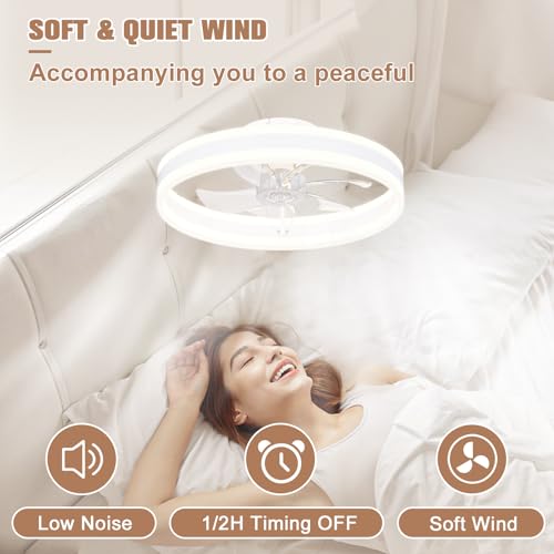 Image of VOLISUN Fandelier Ceiling Fans with Lights and Remote, 15.7in Low Profile Ceiling Fan Flush Mount, 3000K-6500K Dimmable Bladeless LED Fan Light, White Modern Ceiling Fans with Lights for Bedroom
