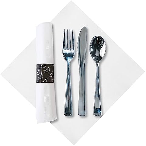 Hoffmaster 119979 FashnPoint CaterWrap Pre-Rolled Dinner Napkin and Heavyweight Cutlery, Crescent, White/Metallic (Case of 100),15.5x15.5 inch Cover
