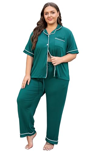 Image of Vozanet Women's Plus Size Pajamas Button Down Shirt and Pants Soft Lounge Sets Bride Nighty Bottom with Pockets 1x to 5x