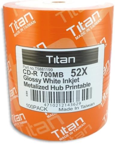 Titan Semi-Glossy 52X 80-Min White Inkjet Hub CD-R's 100-Pak in Shrinkwrap, Titan T5881199
