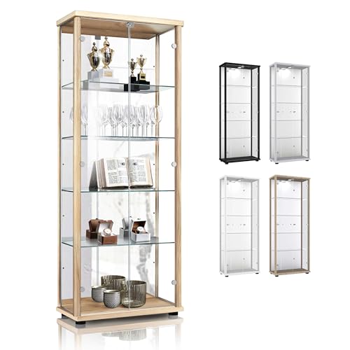 K-Möbel Glas Vitrinenschrank 2-türig (176x67x33cm) - Made in Germany - Standvitrine Buche mit 4 höhenverstellbaren Glasböden, Spiegel& Schloss - Glasvitrine Stehend - Sammler