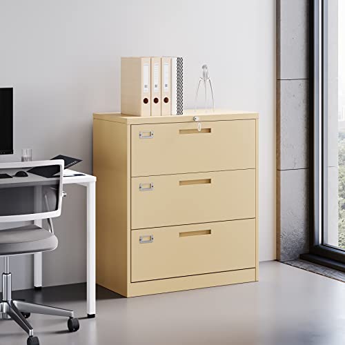 Bynsoe 3 Drawer Lateral File Cabinet Metal Filing Storage Cabinet With Lock Office Home Steel Lateral File Cabinet For A4 Legal/Letter Size Wide File Cabinet Locked,Assembly Required (Yellow 3 Drawer) #TOP1