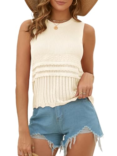 Image of Womens Summer Crop Knit Tank Tops Sweater Tank Crew Neck Sleeveless Pullover Top Crochet Hem Vest 2025 Summer