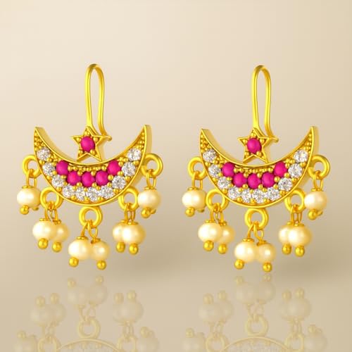 Image of VAMA FASHIONS 18K Gold Plated Anti Tarnish Half Moon Peacock Shape Traditional Maharashtrian Press on Bugadi Upper Ear Clip on Earrings For Women & Girls