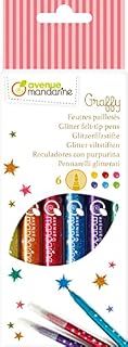 Avenue Mandarine - Ref CC029O - Glitter Felt-Tip Pens (Pack of 6) - Machine Washable Ink, Add Sparkle to All of Your Creations - Yellow, Red, Pink, Purple, Blue & Green