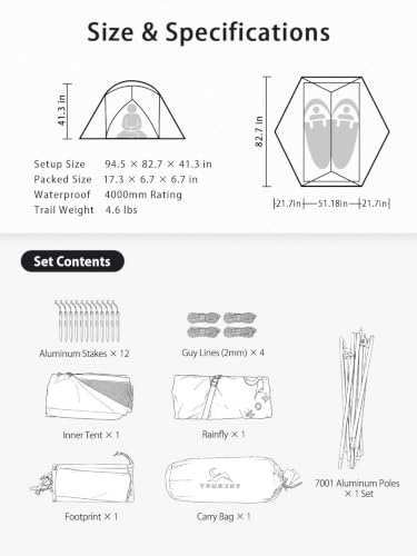 Carpa para mochilero ligera para 2 personas Roveity RQ-SY2R, impermeable 4000mm, doble capa, liviana, para 3 estaciones miniatura 6