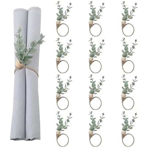 MLURCU Napkin Rings Set of 12, Farmhouse Napkin Rings Eucalyptus Napkin Rings Wooden Napkin Rings Spring Rustic Green Leaf Napkin Rings for Thanksgiving Easter Christmas Wedding Table Decor Cover