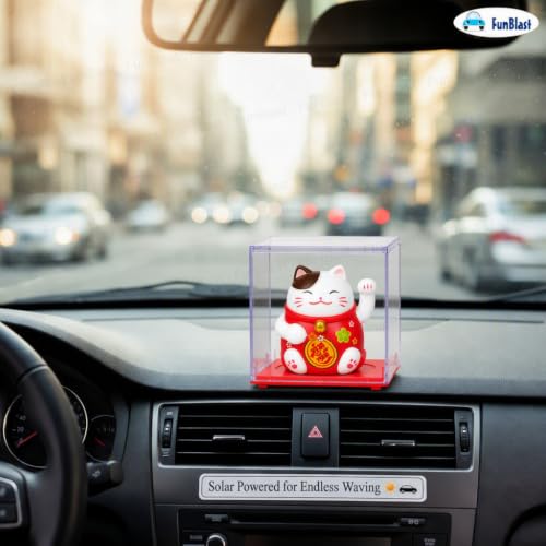 Image of FunBlast Maneki Neko Lucky Cat, Waving Arm Solar Powered Good Luck Wealth Welcoming Display Car Decor Paw Up with Arm, Decor Item for Home, Office and Car (Red)