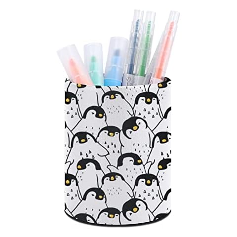 Niapessel Pencil Holder for Desk, Penguin Round Pen Holder Storage Desktop Pen Organizer Desk Pencil Organizer Makeup Brush Holder for Office School College Leather Cover