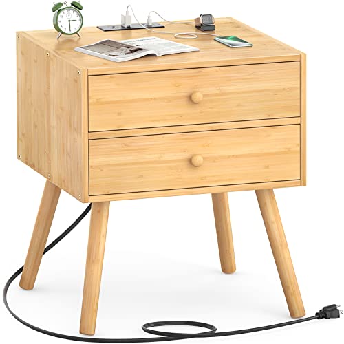 Homykic Large Nightstand With Charging Station, Bamboo Mid Century Modern Bedside Table With Usb Outlet And 2 Drawers, Real Wood Boho End Table Side Table For Bedroom, 19.7" W X 15.8" D, Natural #TOP29
