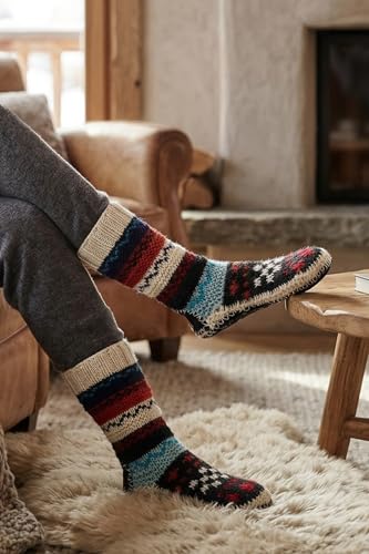 Image of Tibetan Socks Hand Knit Wool Fleece Lined Long Slipper Socks with Non Slip Soles