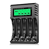 POWEROWL Cargador Rápido de Pilas Recargables, LCD Cargador para Ni-MH Pilas Recargables AA/AAA, Ranura Independiente & USB Carga Rápida