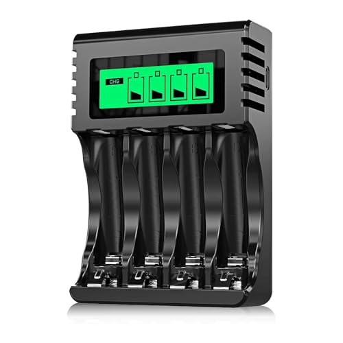 POWEROWL Akkuladegerät für AA AAA Akku, HD LCD Display Batterieladegerät für NI-MH AAA AA Wiederaufladbare Batterien 4
