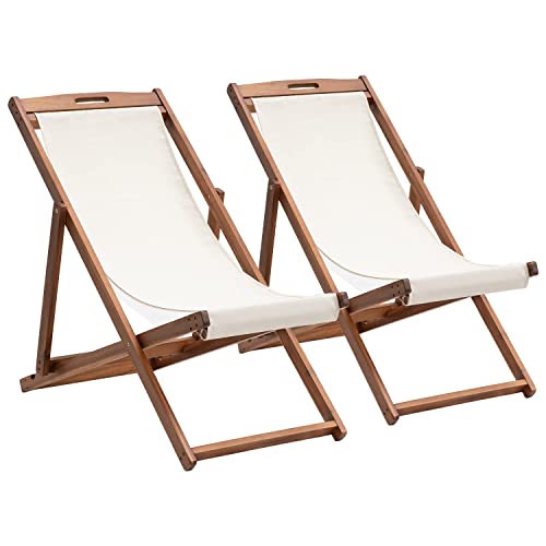 Dlewmsyic Folding Sling Chairs For Outside Set Of 2, Folding Beach Lounge Chair Eucalyptus Wood Frame Patio Chair, 3-Stage Adjustable Reclining Tanning Chair  cover