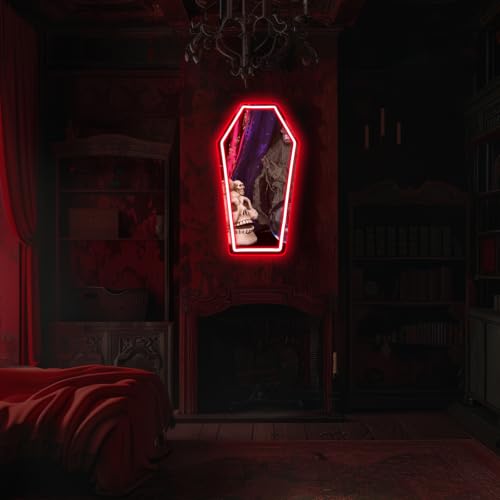 Image of Coffin Neon Mirror, Neon Signs for Wall Decor, Gothic Mirror Gift for Goth Lovers, Whimsical Goth Home Decor, Witch Bedroom Decor 23″x13″