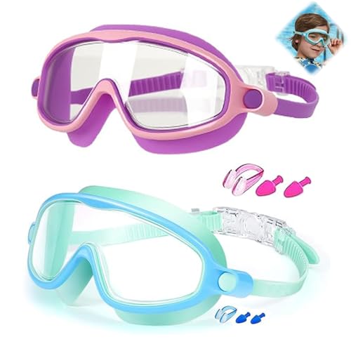 2026 New Eyes Goggles for Kids Wide View Swim Goggles Anti-UV Anti-Fog Pool Water Swimming Goggles for 3-14 No Hair Tangling2 Pack