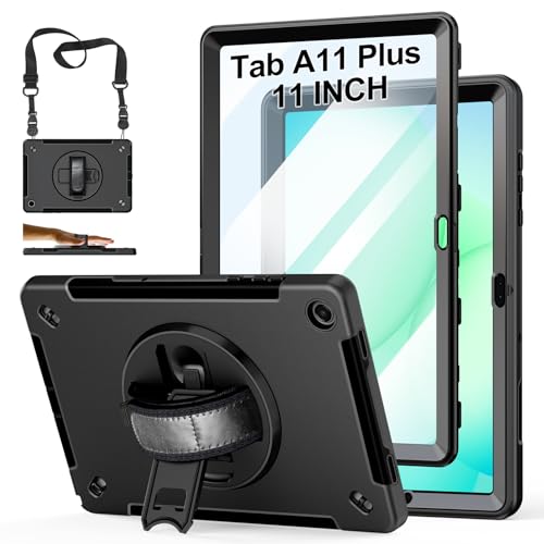 Étui Galaxy Tab A11 Plus 11 rotatif à 360° avec dragonne et porte-crayon en TPU noir robuste