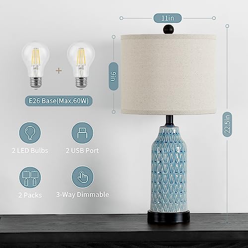 Ceramic Table Lamps for Bedroom Set of 2,Touch Lamp with USB Ports for Nightstand, 3-Way Dimmable Blue Coastal Bedside Lamps for Bedroom Living Room End Table Side Table(Bulbs Included) - Image 5