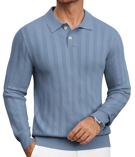 Mens Knit Polo Shirt Regualr Fit Lightweight Soft Casual Long Sleeve Striped Golf Polo Shirts