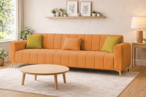 Image of Casaliving Velour Modern Velvet Sofa, Tufted Design Upholstered 3 Seater Sofa Set for Living Room, (Orange Colour) Premium Velvet Fabric Sofa