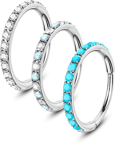 OUFER 3PCS Turquoise Opal CZ Nose Rings for Women, 316L Surgical Steel 6MM Nose Rings Hoops, Silver Hinged Segment Septum Lip Eyebrow Cartilage Conch Rook Helix Tragus Daith Piercing Jewelry