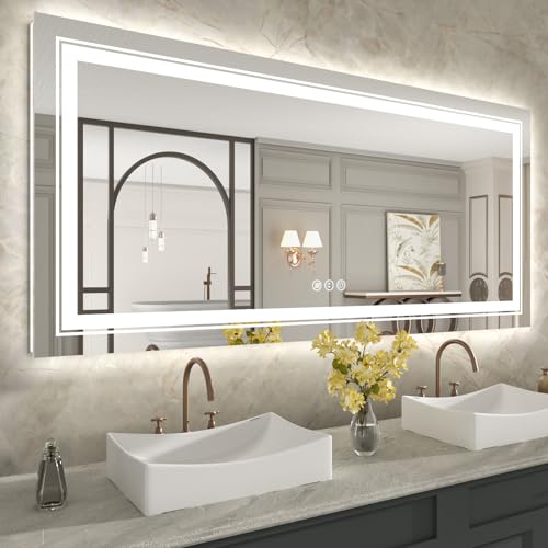 Image of WTTY LED Bathroom Mirror 60 inchx28 inch with Back and Front Light,Modern LED Mirror for Bathroom,Stepless Dimmable Lighted Bathroom Vanity Mirror with Anti-Fog,Memory Function,Shatter-Proof