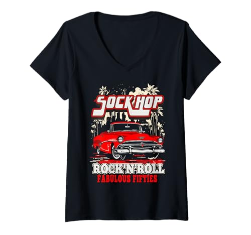 Femme Sock Hop Rock and Roll Fabulous Fifties Rockabilly Greaser T-Shirt avec Col en V