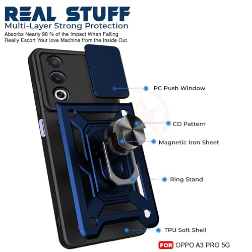 Image of Armor Bumper Back Cover Case for Oppo A3 Pro 5G Rotating Camera Cover, Ring Holder & Kickstand | Heavy Duty & 360 Degree Protection Oppo A3 Pro 5G Back Cover (Blue).