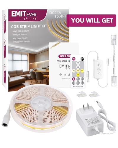 Image of EMITEVER Cool White COB Strip Light Kit 5000K,16.4ft 2400LEDs,24V Dimmable | CRI 90+,305+LM /ft,ETL 48W power supply & remote included,UL listed Strip for living room,kitchen,under cabinet & shelving