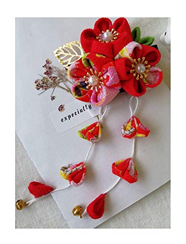 CRB Fashion Womens Girls Kimono Traditional Tsumami Kanzashi Outfit Wedding Japanese Asian Yukata Hair Tie Flower Floral Sakura Fan Barrette Clip (Red #2)