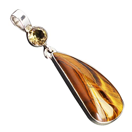 Pendentif œil de tigre naturel en argent 925 et quartz fumé de haute qualité