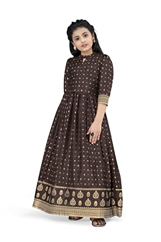 Image of Fashion Dream Girls Dola Silk Maxi Length Flared Foil Printed Dress|Maxi Dress|Long Dress|Printed Dress|Printed Maxi Dress(Brown 11-12 Year)