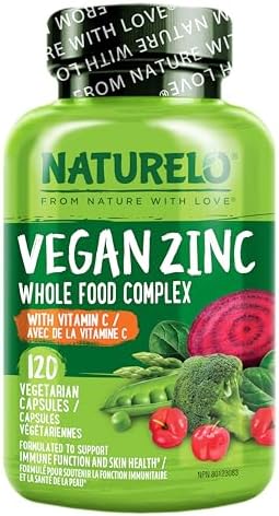 NATURELO Vegan Zinc Immune Support Capsules - Whole Food Complex with Vitamin C for Healthy Skin, Hair, and Nails - 120 Capsules