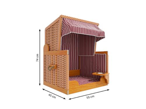 Outgarden Hundestrandkorb Kieferholz | Hundehütte inkl. Schützhülle | Schwenkbarer Wasser-/Futternapf | Sonnenschutz für Hunde & Katzen |Braun mit Rot-weißen| Perfekt für kleine Hunde