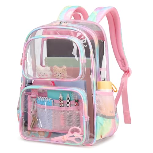 Pink Clear Backpack for Girls Heavy Duty Clear Bookbag, See Through Backpack for School, Stadium Events and Concert, Transparent Backpacks