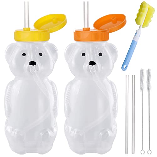 Image of Honey Bear Straw Cups with 4 Flexible Straws & Cleaning Tools, 8-Ounce Therapy Sippy Bottles for Speech and Feeding Training, Leak-Proof & Food-Grade & BPA Free 2 PAKC