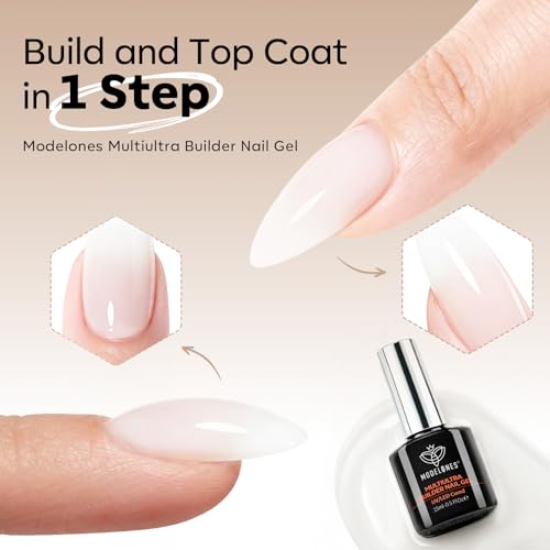 Image of modelones Builder Nail Gel No-Wipe, 9-in-One Milky White Builder for Nails, C-Curve Sculpting, Glossy Jelly Finish, No Top Coat Needed LED Lamp Cured Color Rubber Base Gel Polish for Quick DIY Salon