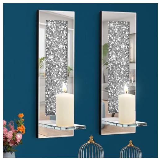 Aeveco Crystal Crush Diamond Mirrored Candle Sconces, Silver Wall Candle Holder Set of 2, Wall Decoration for Living Room，Dining Room