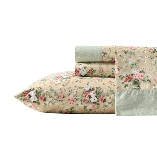 Image of Laura Ashley - King Sheet Set, Breathable Percale Cotton Bedding with Deep Pockets, Chic Home Decor, Oeko-Tex Certified (Serene Dream Brown, King)