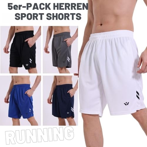 fovdtaa 5er-Pack Herren Sport Shorts Mit Taschen und Elastischem Bund, Schnell Trocknende Workout Laufhose, Schwarz, Grau, Blau, Marineblau, Weiß, L