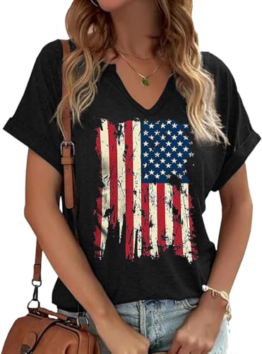 Earlymemb Women's Retro American Flag V Neck Shirt 4th of July Patriotic Graphic Short Sleeve Tee Independence Day Summer Top Blouse(XL,D-Black-6)